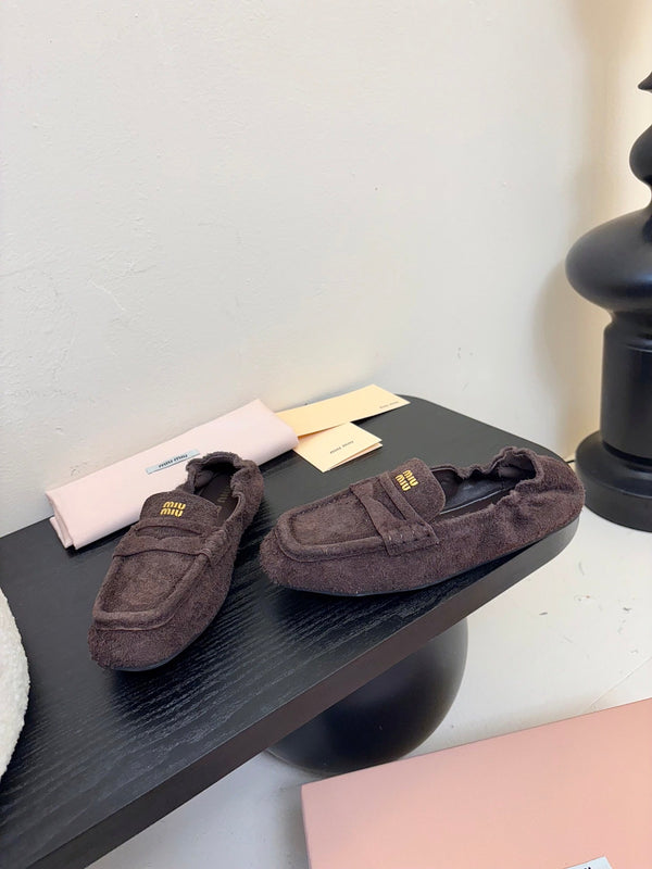 Miu 25C Ruches nappa Loafers Brown Suede 235808