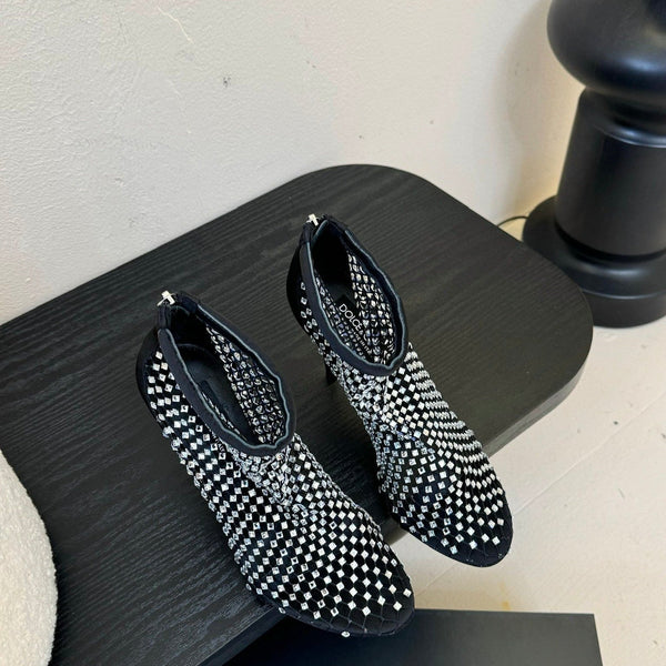 DC Pumps Black White Rhinestone Mesh & Sheepskin 297011