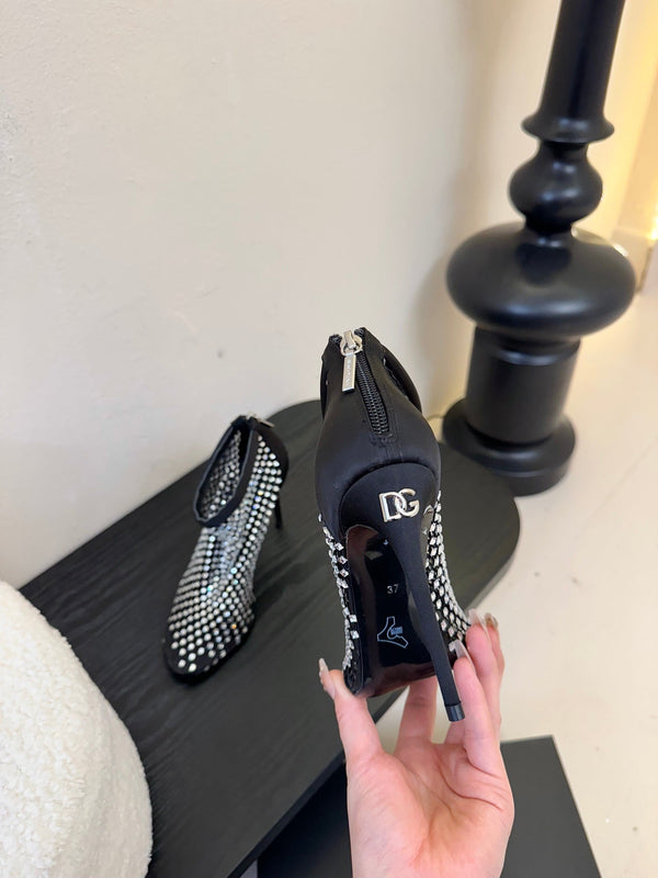 DC Pumps Black White Rhinestone Mesh & Sheepskin 297011