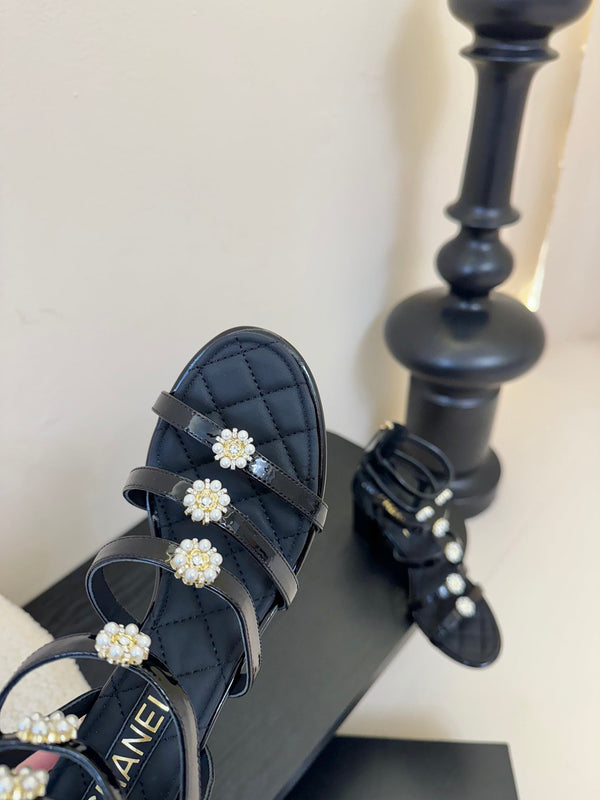 CC 25SS Camellia Multi Straps Heel Sandal 60mm Black Sheepskin 351434