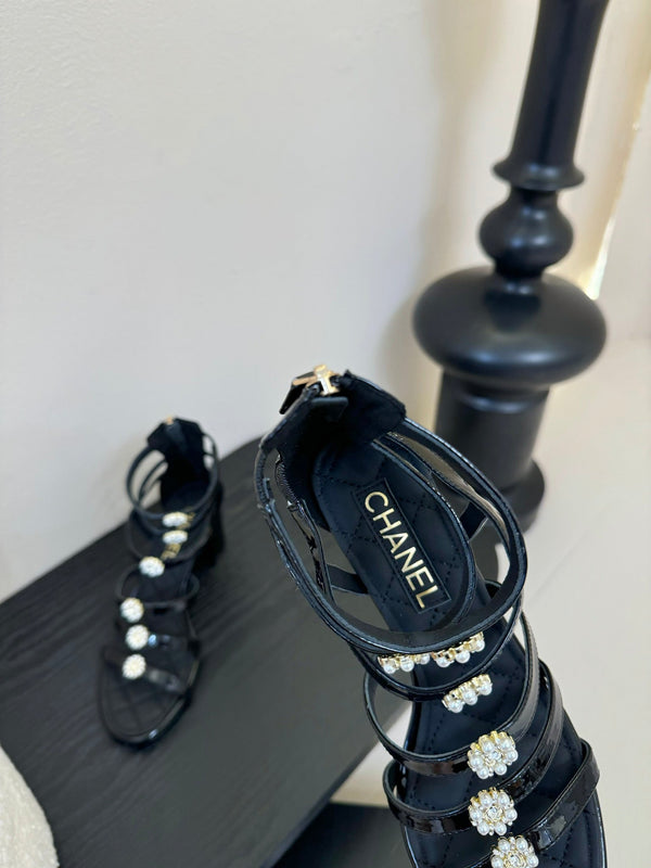 CC 25SS Camellia Multi Straps Heel Sandal 60mm Black Sheepskin 351434