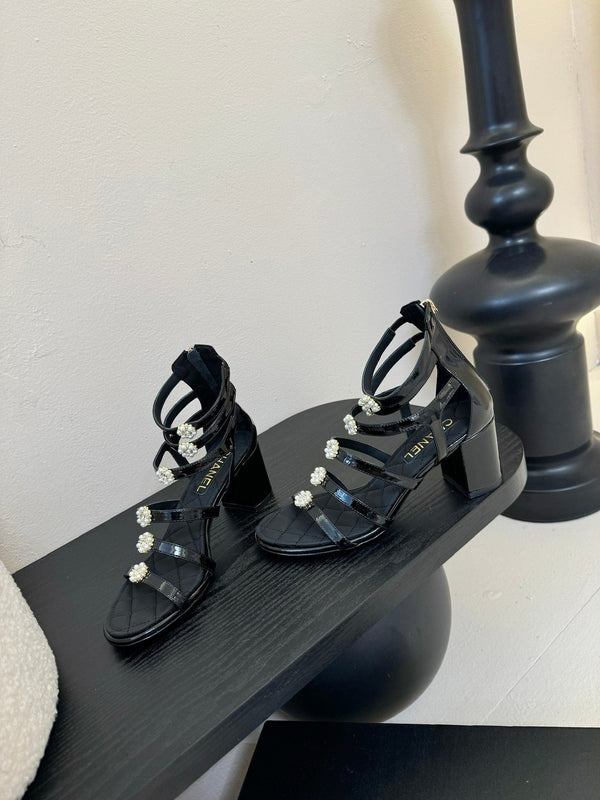 CC 25SS Camellia Multi Straps Heel Sandal 60mm Black Sheepskin 351434