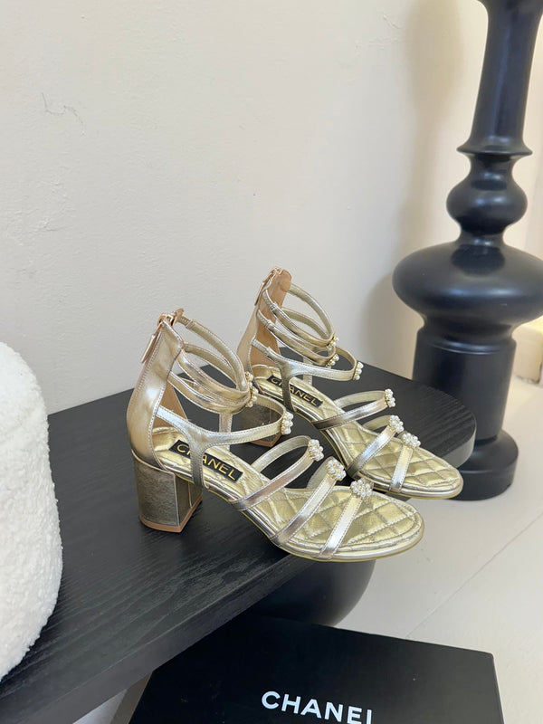 CC 25SS Camellia Multi Straps Heel Sandal 60mm Gold Metallic Sheepskin 351435