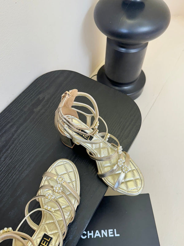 CC 25SS Camellia Multi Straps Heel Sandal 60mm Gold Metallic Sheepskin 351435