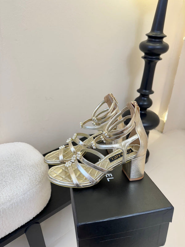 CC 25SS Camellia Multi Straps Heel Sandal 60mm Gold Metallic Sheepskin 351435