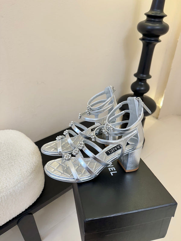 CC 25SS Camellia Multi Straps Heel Sandal 60mm Silver Metallic Sheepskin 351436