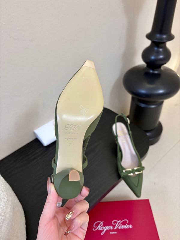 Virgule Slingback Pumps 7.5cm Olive Green Cowhide 606401