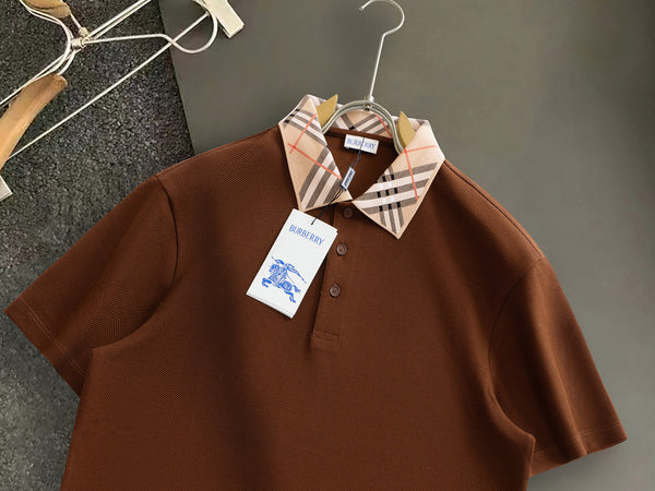 Burberry Men Check Colla Polo Shirt Brown Cotton