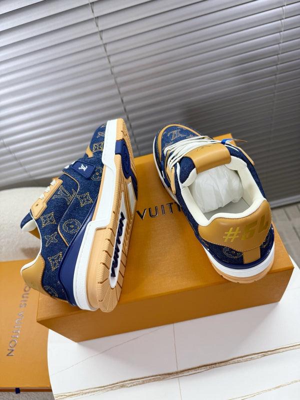 LV 1AJ360 Trainer Blue Monogram-embroidered Denim Cafskin 511760