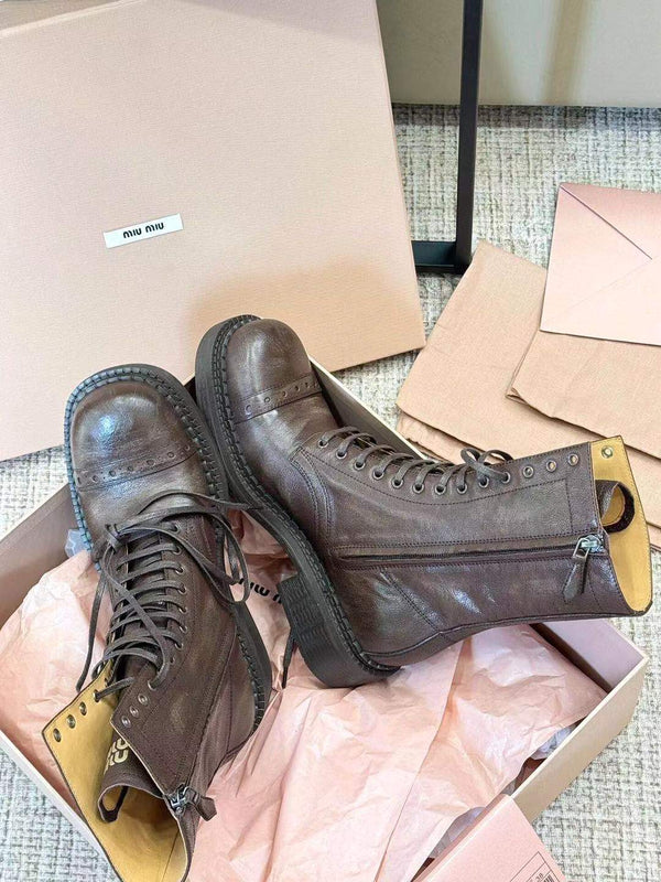 Stivali stringati in pelle marrone cacao Miu
