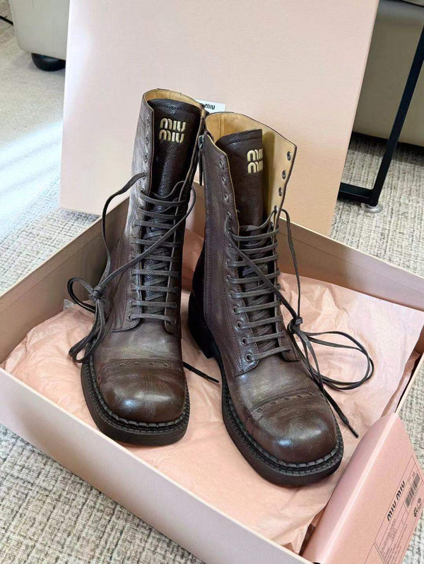 Stivali stringati in pelle marrone cacao Miu