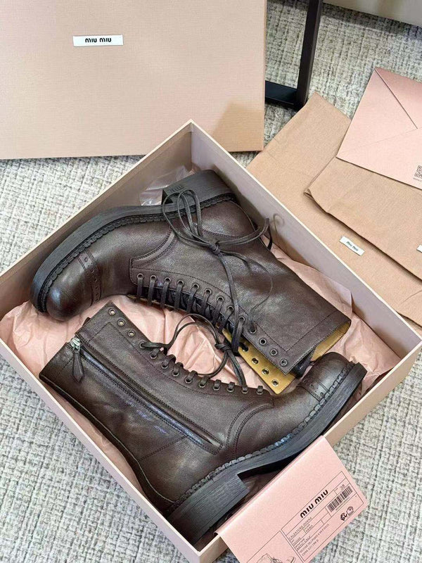 Stivali stringati in pelle marrone cacao Miu