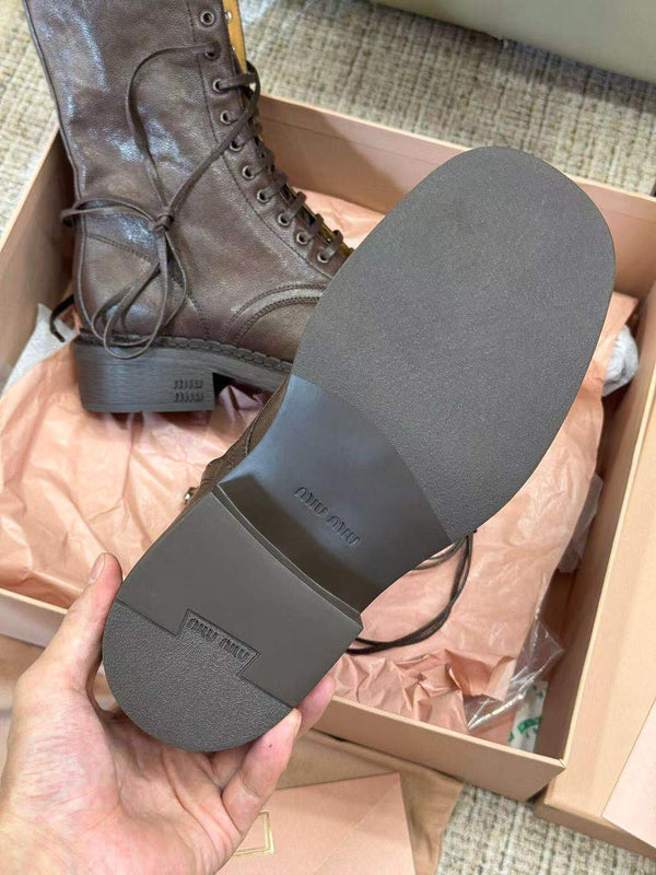 Stivali stringati in pelle marrone cacao Miu