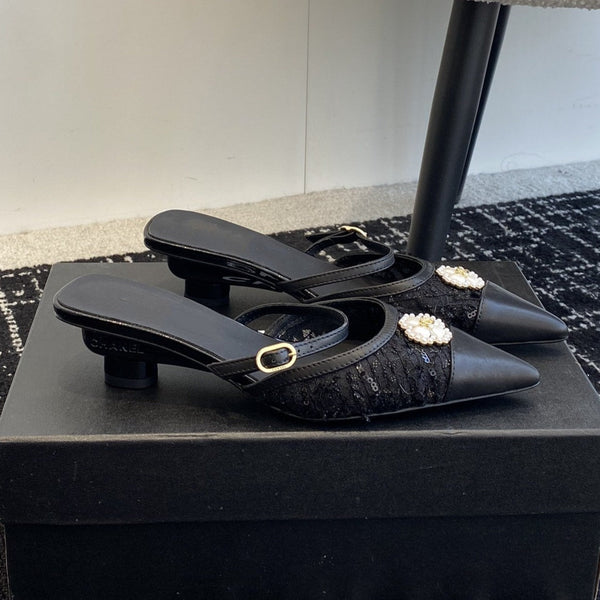 mule sandal black tweed lambskin