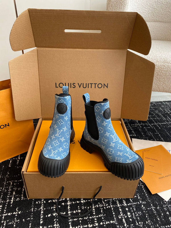 LV Ruby Flat Ankle Boots Light Blue Monogram Jacquard Fabric