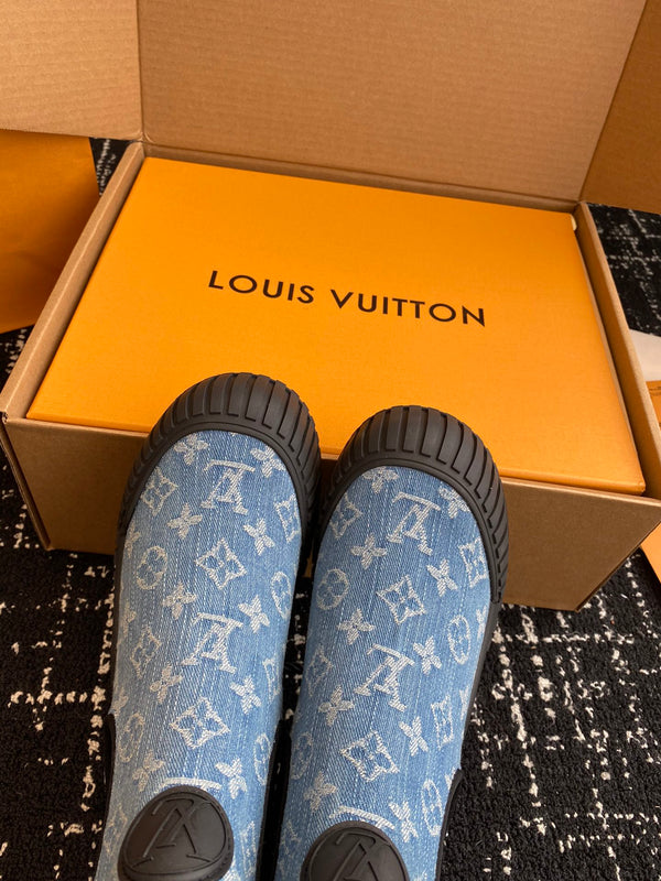LV Ruby Flat Ankle Boots Light Blue Monogram Jacquard Fabric