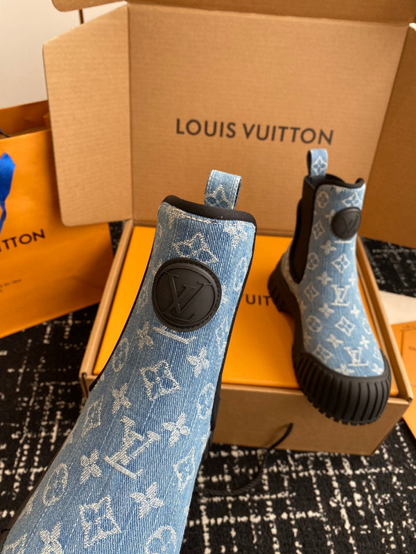 LV Ruby Flat Ankle Boots Light Blue Monogram Jacquard Fabric