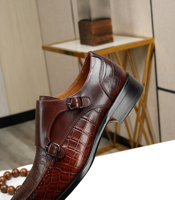 HM DOUBLE MONK STRAP RUSSET WITH CROCODILE MOTIF CALFSKIN
