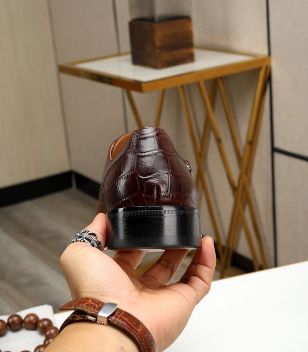 HM DOUBLE MONK STRAP RUSSET WITH CROCODILE MOTIF CALFSKIN