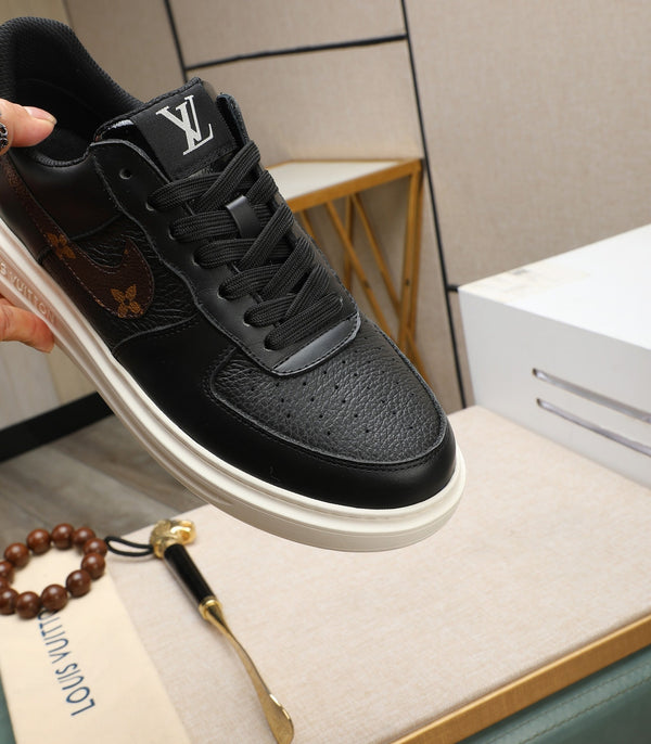 LV AIR FORCE 1 GLOSSY BLACK CALFSKIN WITH BROWN MONOGRAM LOGO