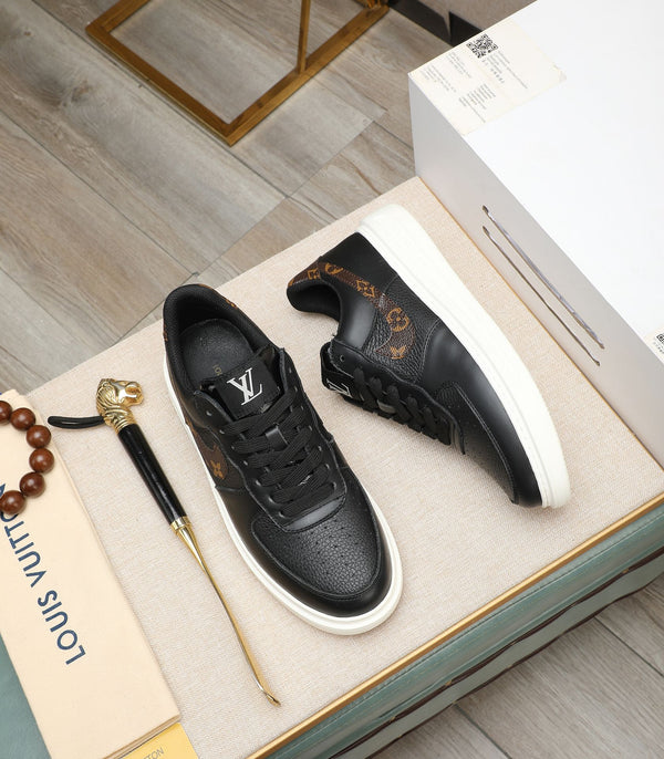 LV AIR FORCE 1 GLOSSY BLACK CALFSKIN WITH BROWN MONOGRAM LOGO