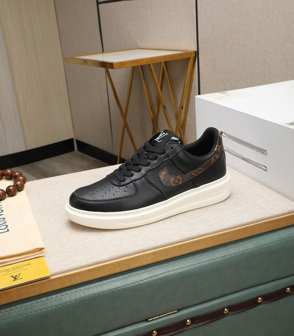 LV AIR FORCE 1 GLOSSY BLACK CALFSKIN WITH BROWN MONOGRAM LOGO