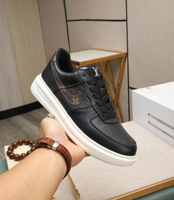 LV AIR FORCE 1 GLOSSY BLACK CALFSKIN WITH BROWN MONOGRAM LOGO