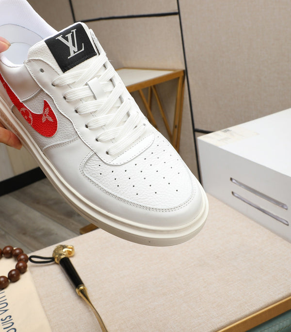LV AIR FORCE 1 GLOSSY WHITE CALFSKIN WITH RED MONOGRAM LOGO