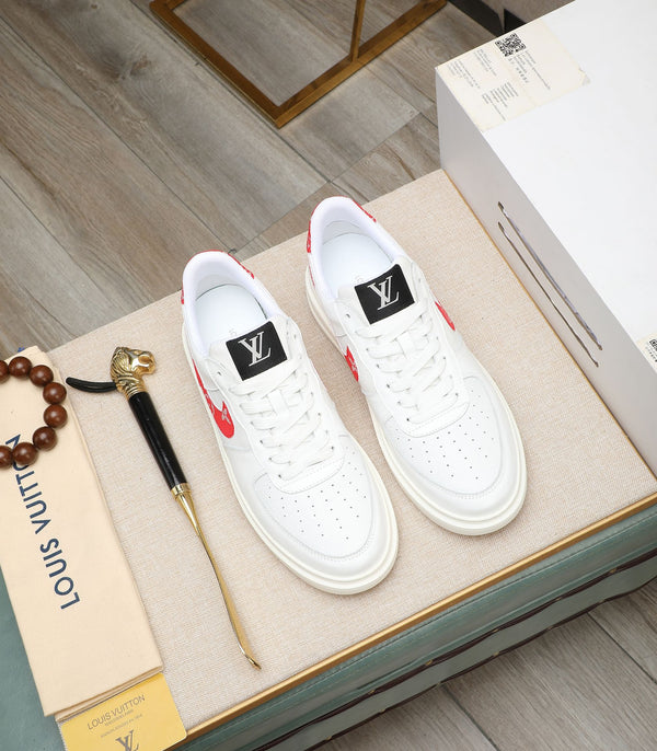 LV AIR FORCE 1 GLOSSY WHITE CALFSKIN WITH RED MONOGRAM LOGO