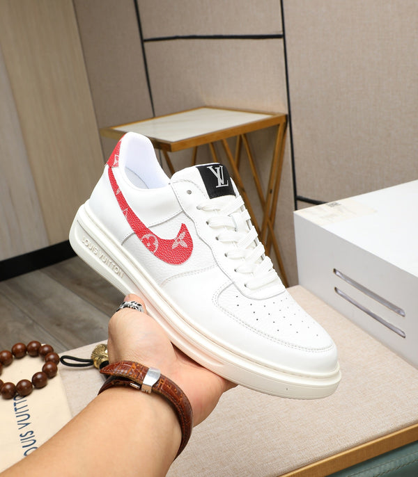 LV AIR FORCE 1 GLOSSY WHITE CALFSKIN WITH RED MONOGRAM LOGO