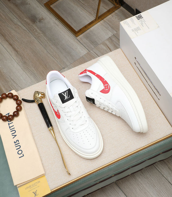 LV AIR FORCE 1 GLOSSY WHITE CALFSKIN WITH RED MONOGRAM LOGO