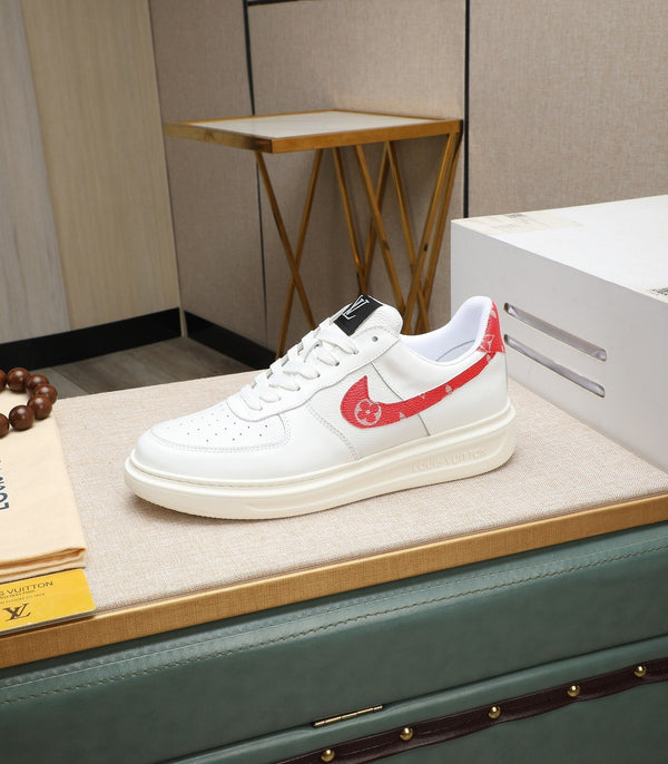 LV AIR FORCE 1 GLOSSY WHITE CALFSKIN WITH RED MONOGRAM LOGO