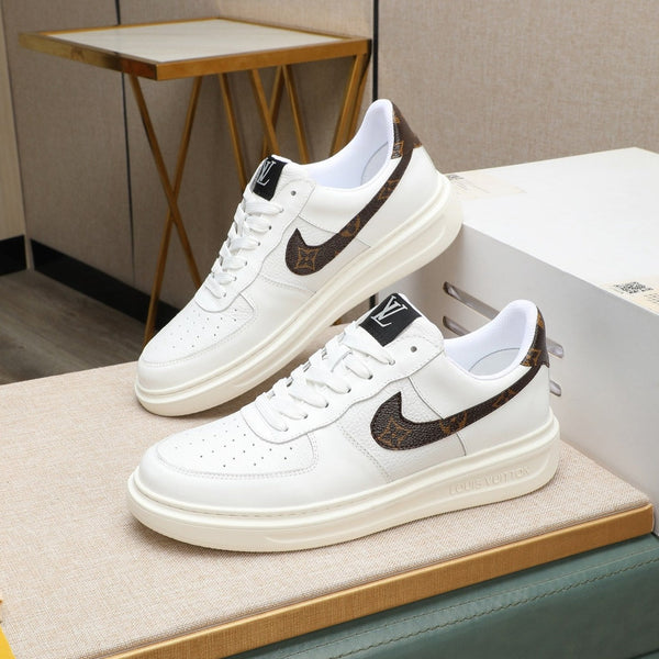 LV AIR FORCE 1 GLOSSY WHITE CALFSKIN WITH BROWN MONOGRAM LOGO