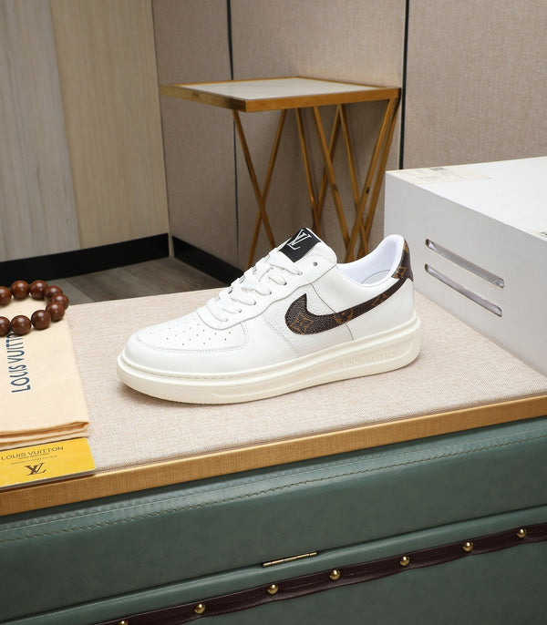 LV AIR FORCE 1 GLOSSY WHITE CALFSKIN WITH BROWN MONOGRAM LOGO