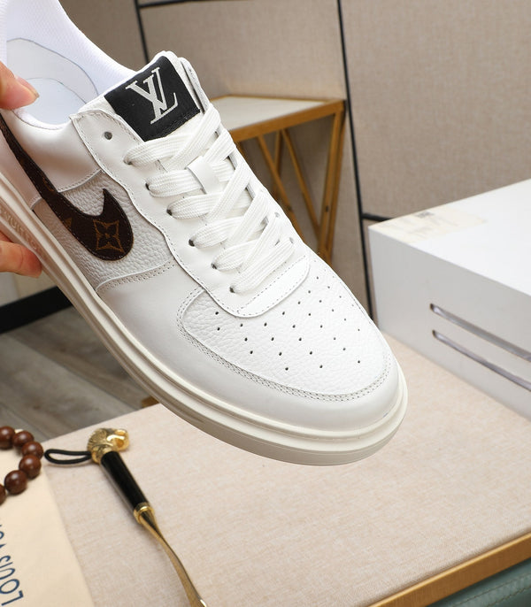 LV AIR FORCE 1 GLOSSY WHITE CALFSKIN WITH BROWN MONOGRAM LOGO