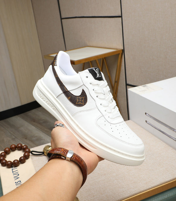 LV AIR FORCE 1 GLOSSY WHITE CALFSKIN WITH BROWN MONOGRAM LOGO