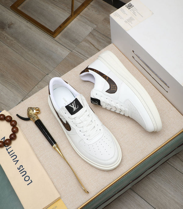 LV AIR FORCE 1 GLOSSY WHITE CALFSKIN WITH BROWN MONOGRAM LOGO