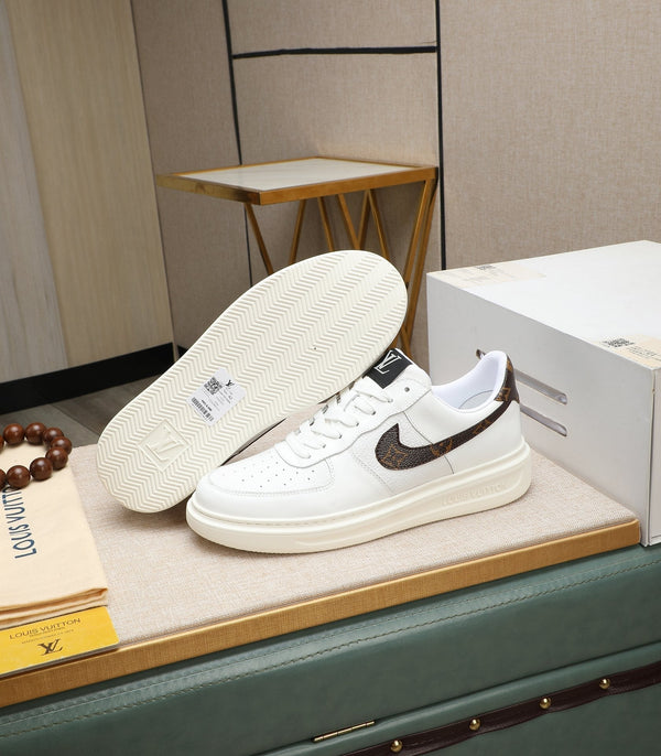 LV AIR FORCE 1 GLOSSY WHITE CALFSKIN WITH BROWN MONOGRAM LOGO