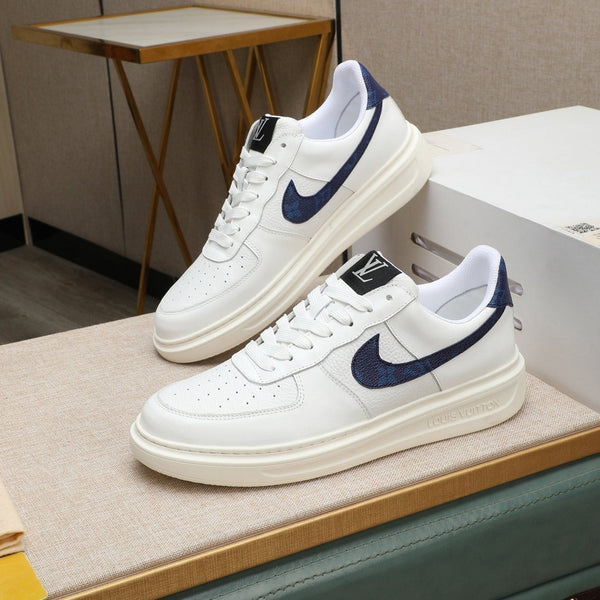 LV AIR FORCE 1 GLOSSY WHITE CALFSKIN WITH BLUE MONOGRAM LOGO