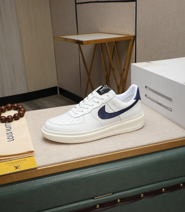 LV AIR FORCE 1 GLOSSY WHITE CALFSKIN WITH BLUE MONOGRAM LOGO