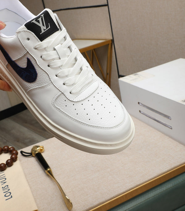 LV AIR FORCE 1 GLOSSY WHITE CALFSKIN WITH BLUE MONOGRAM LOGO