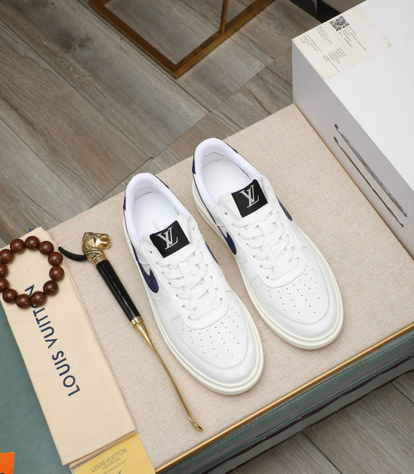 LV AIR FORCE 1 GLOSSY WHITE CALFSKIN WITH BLUE MONOGRAM LOGO