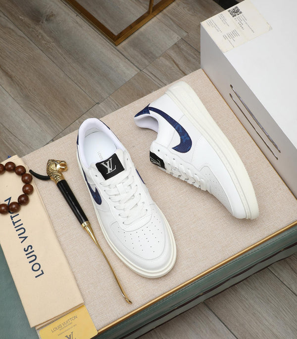 LV AIR FORCE 1 GLOSSY WHITE CALFSKIN WITH BLUE MONOGRAM LOGO