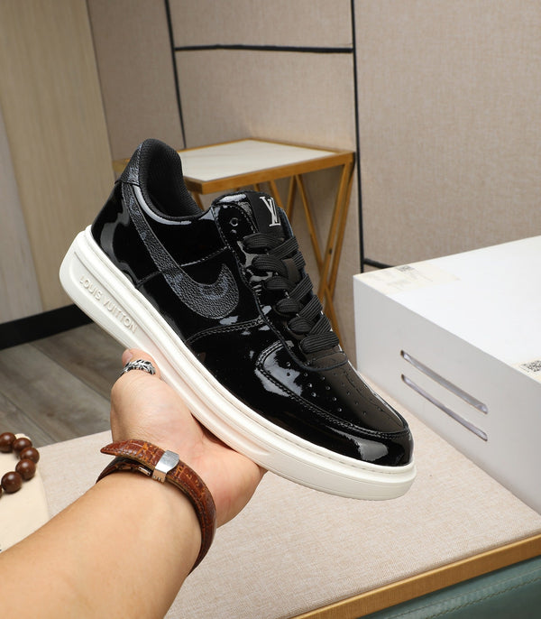LV AIR FORCE 1 GLOSSY BLACK CALFSKIN WITH MONOGRAM LOGO