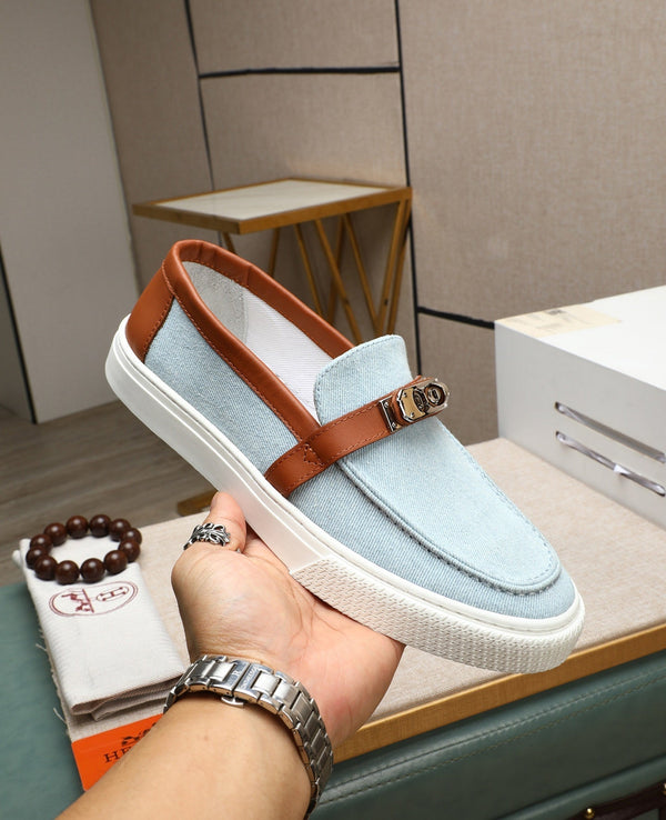 HM Men's Game Slip-on Blue Brown Denim Cowhide 712266