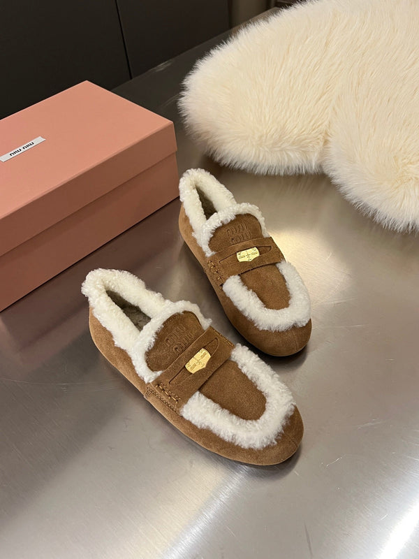 Miu Logo-Embossed Loafer Dark Brown Suede Shearling 455918