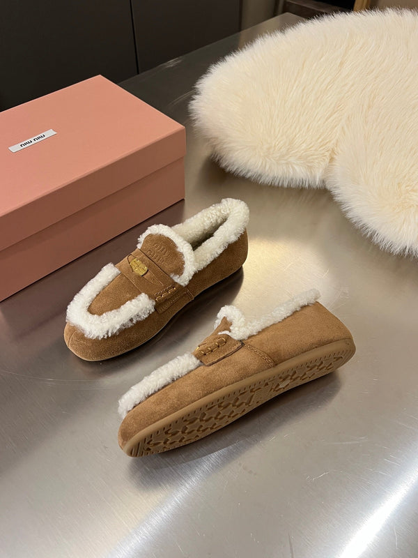 Miu Logo-Embossed Loafer Dark Brown Suede Shearling 455918