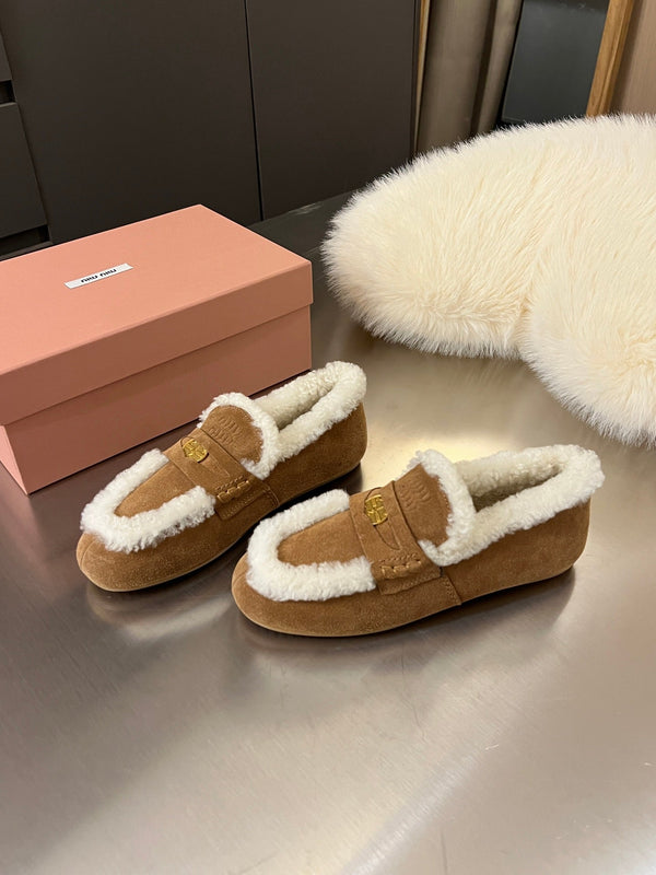 Miu Logo-Embossed Loafer Dark Brown Suede Shearling 455918