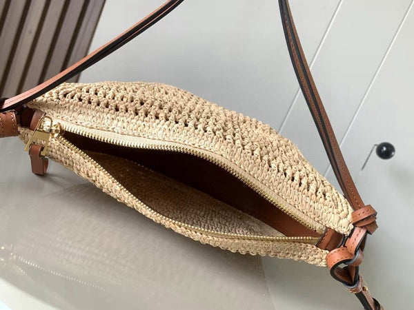 Loe Ibiza Mini Hammock Hobo Bag Brown Beige Raffia Leather 289314