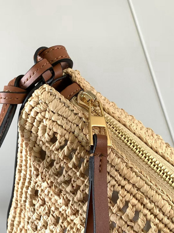 Loe Ibiza Mini Hammock Hobo Bag Brown Beige Raffia Leather 289314